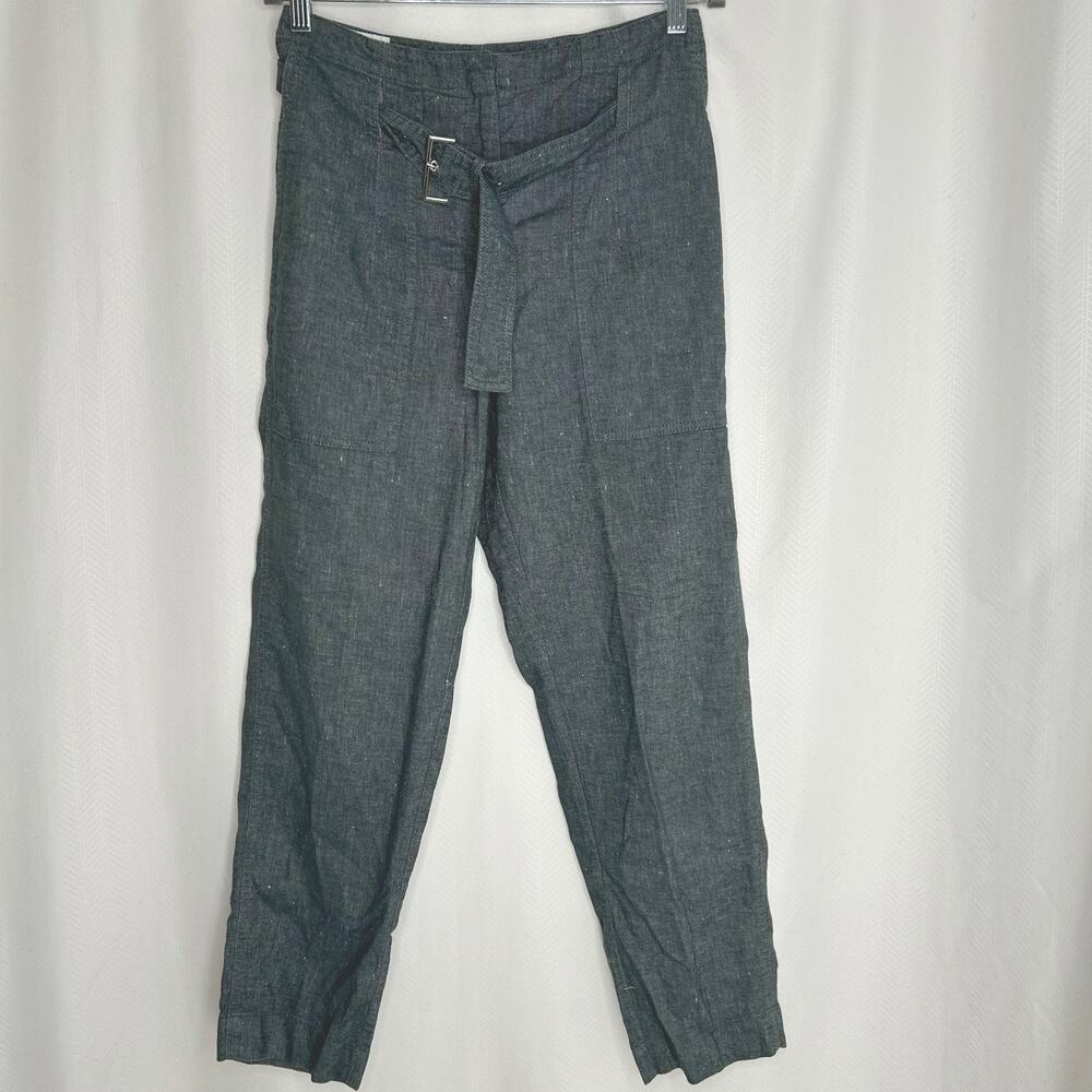 Peserico woman’s gray green linen blend pants 44 Euro high waist belted classic